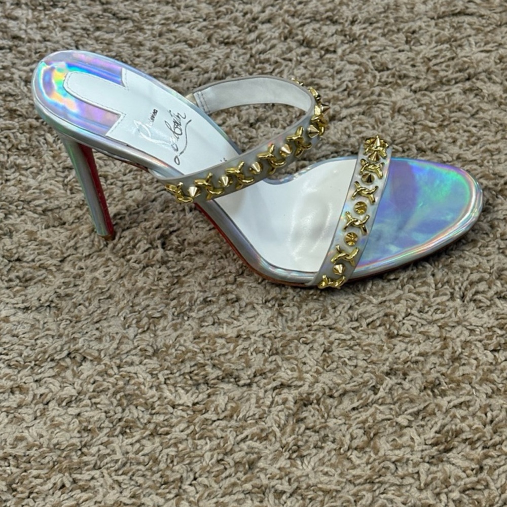 Christian Louboutin Iridescent Holographic Gold-Stud Heel Sandal
